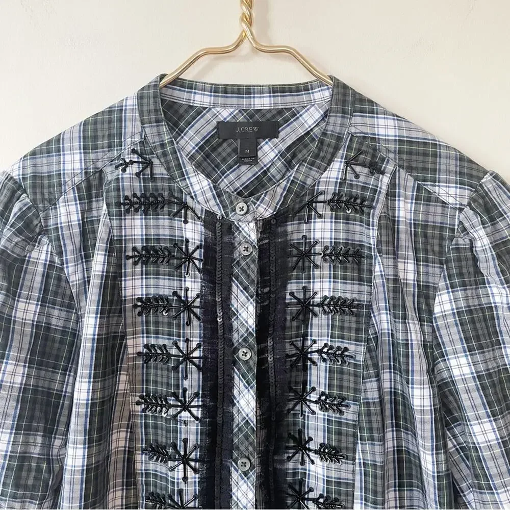 J. Crew Beaded Embellished Forest Green Tartan Plaid Shirt M